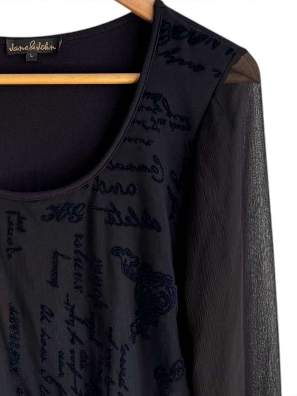 Romantic Y2K Velvet Burnout Sheer Sleeve Top Sz L Navy Blue Artsy Script Print